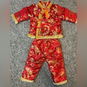 Kid Red and gold Chinese traditional baby set with fur trim